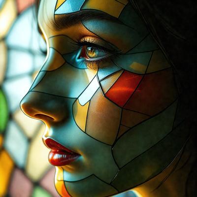 The primary subject of the image is a woman with a unique and artistic appearance. She has a face painted with a mosaic pattern, giving her a distinctive and creative look. The setting is a stained glass window, which adds a sense of depth and intrigue to the scene. The visual style of the image is a combination of photo and digital art, creating a captivating and visually striking portrait. The colors and mood of the image are vibrant and lively, with the woman's face and